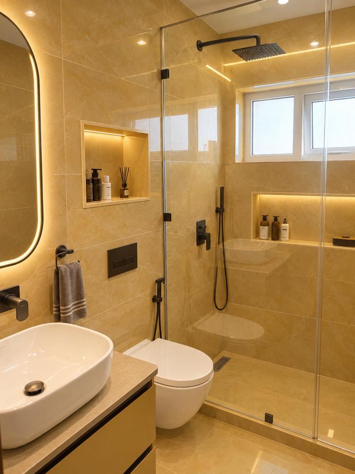 Golden marble bathroom with glass shower partition and LED mirror – Greenfield Faridabad bathroom renovation