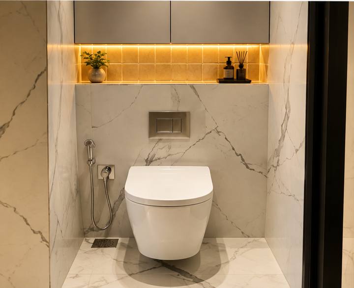Wall-hung toilet with marble tiles and LED niche – Noida bathroom renovation