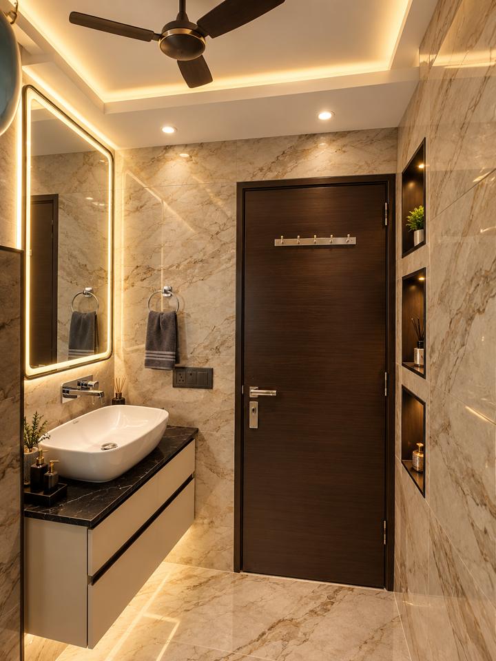 Luxury marble bathroom with LED mirror and floating vanity – Parsvnath Sector 93 Noida bathroom renovation