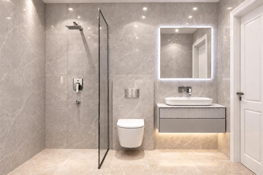 Modern bathroom with glass shower partition, wall-hung toilet and LED mirror – Sector 56 Gurugram bathroom renovation